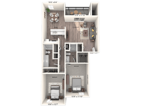 Floor plan for 2 beds, 2 baths, 1040 sqft